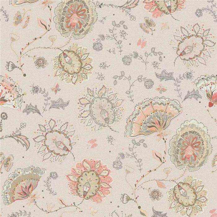 As Creation|Papel Pintado romántico flores vintage gris rosado|Papel Pintado