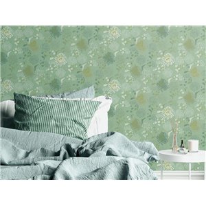 Casamance|Wallpaper linen green decorative embroidered leaves|Wallpaper 2