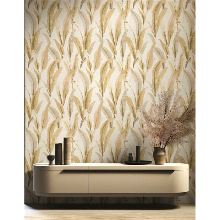 Cristiana Masi|Papier Peint feuilles brossées ocre et vanille|Floral