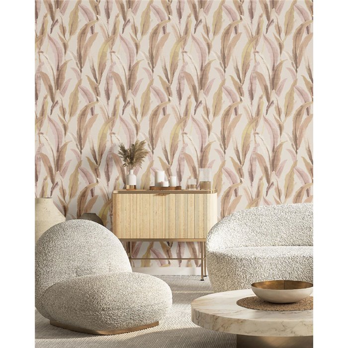 Cristiana Masi|Papier Peint feuilles brossées vieux rose et taupe|Floral