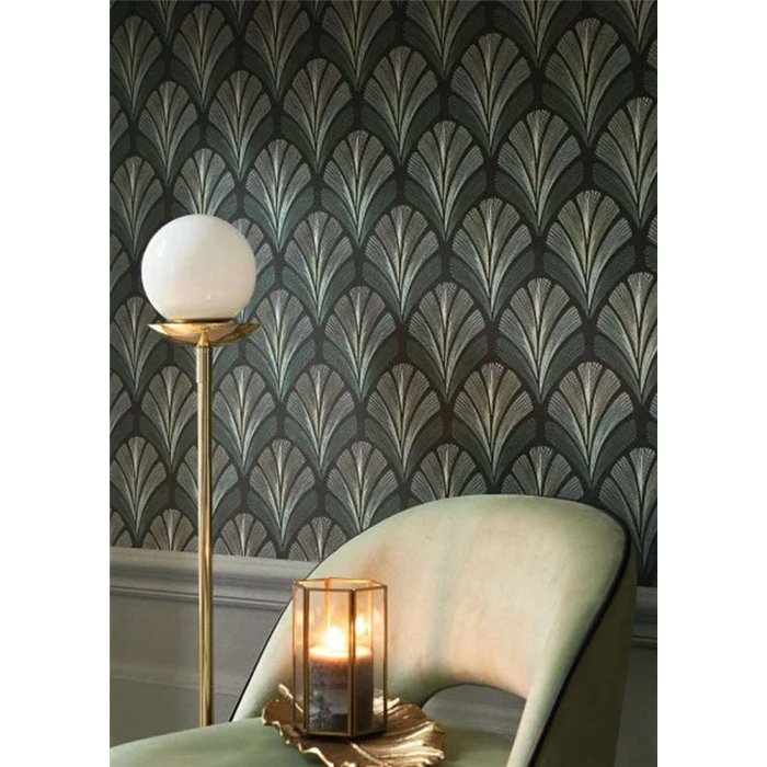 Casadeco|Grüne geometrische Art-Déco-Tapete mit Palmenblatt-Formen|Tapeten