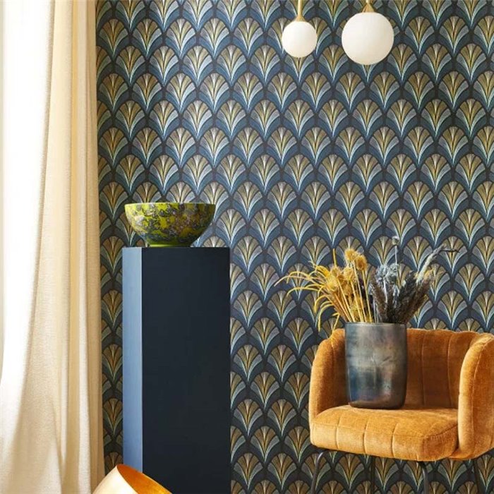Casadeco|Modern blue Art Deco wallpaper with palm leaves|Wallpaper