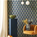 Casadeco|Moderne blaue Art-Déco-Tapete mit Palmenblättern|Tapeten