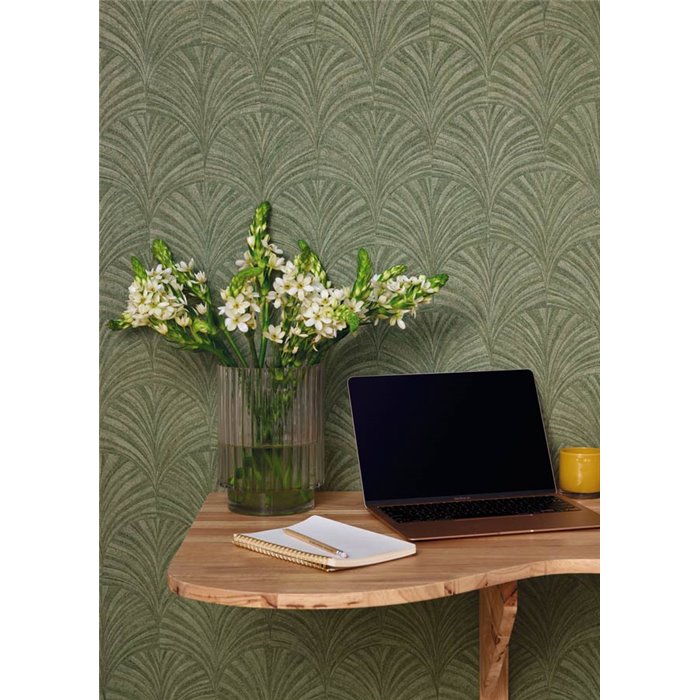 Papel pintado fibra vegetal palmetas verde - Caselio Symphony 107037774