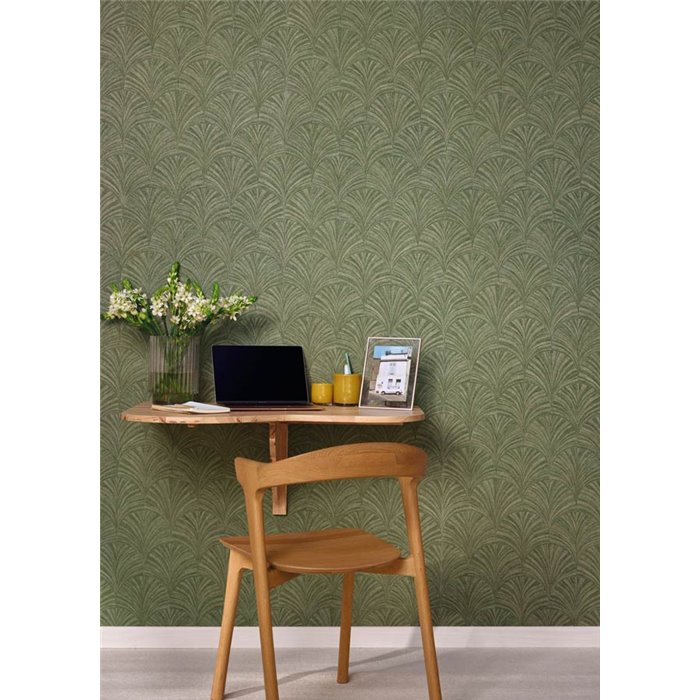 Caselio|Papier peint fibre végétale palmettes vert|Symphony