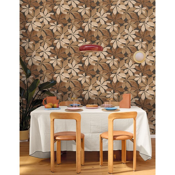 Caselio|Floral wood-look wallpaper in black|Woodline