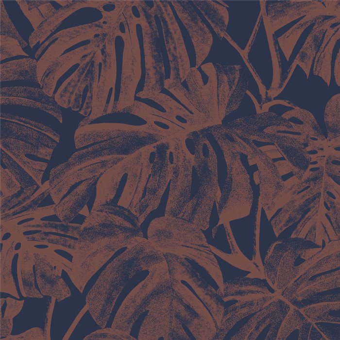 Tapete floral monstera-blätter blau rot glänzend - Casadeco RIO 201798661