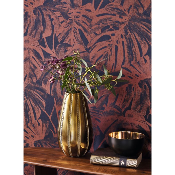 Floral monstera-leaf wallpaper in blue red glossy - Casadeco RIO 201798661