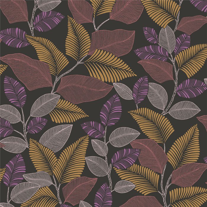 Floral tropical-plant wallpaper in black pink glossy - Casadeco RIO 201804522