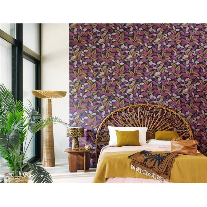 Casadeco|Floral tropical-plant wallpaper in black pink glossy|Rio