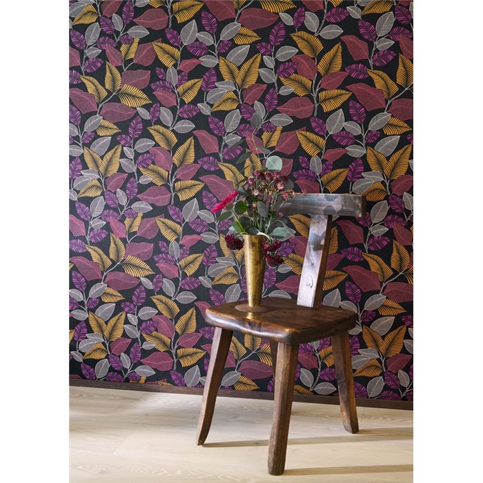 Casadeco|Floral tropical-plant wallpaper in black pink glossy|Rio