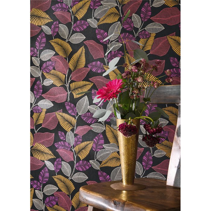 Tapete floral tropische pflanzen schwarz rosa glänzend - Casadeco RIO 201804522