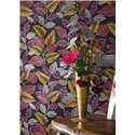 Casadeco|Floral tropical-plant wallpaper in black pink glossy|Rio