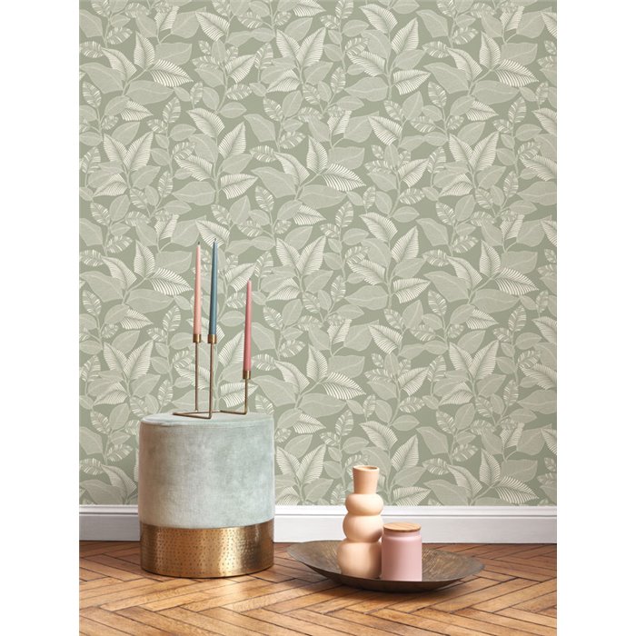 Casadeco|Floral tropical-plant wallpaper in light green glossy|Rio