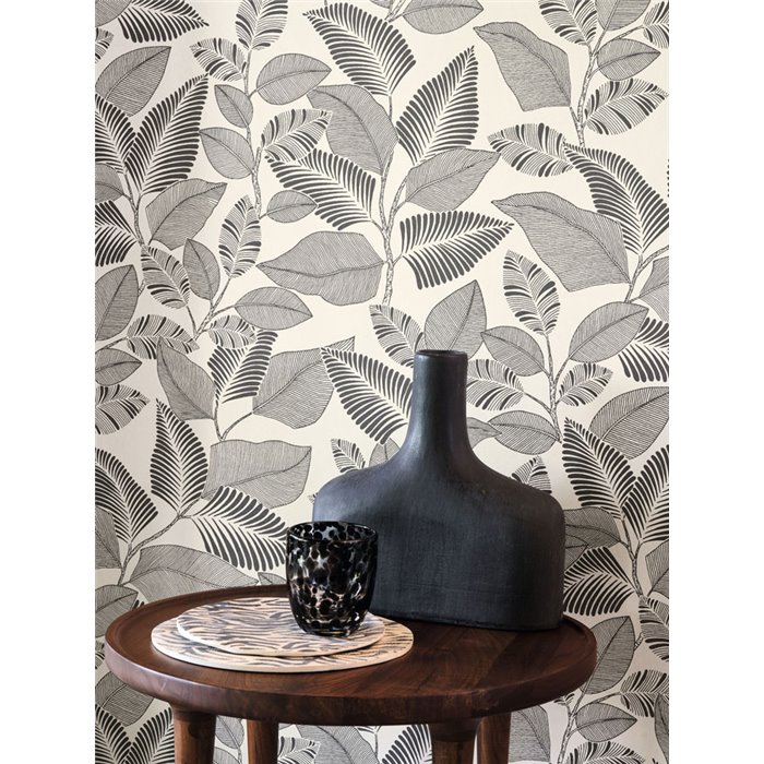 Casadeco|Floral tropical-plant wallpaper in beige glossy|Rio