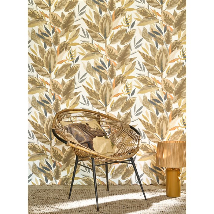 Casadeco|Tropical ficus-leaf wallpaper in white beige matte|Rio