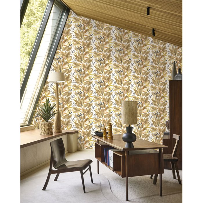 Casadeco|Tropical ficus-leaf wallpaper in white beige matte|Rio