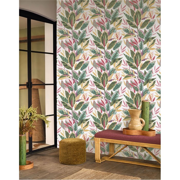 Tropical ficus-leaf wallpaper in multicolor matte - Casadeco RIO 201814218
