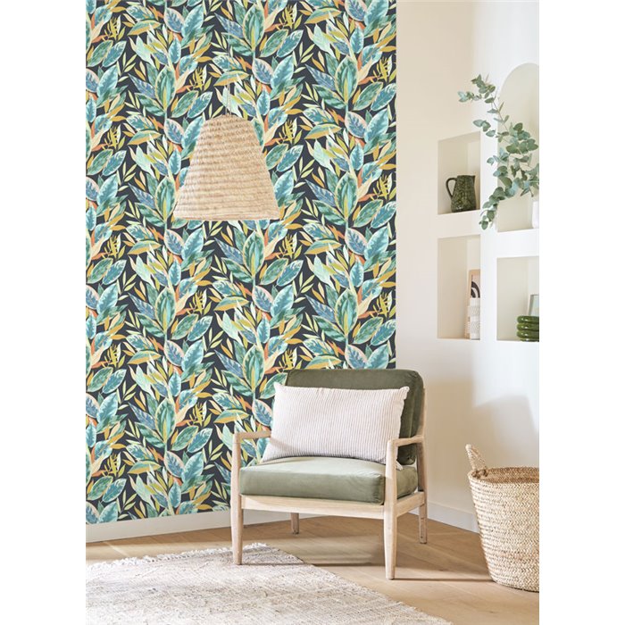 Tropical ficus-leaf wallpaper in blue matte - Casadeco RIO 201816641