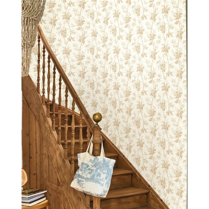 Classic floral bamboo and rose wallpaper in white beige - Casadeco Les Belles Toiles de Jouy 201701303