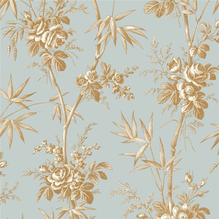 Papier peint classique floral bambou et roses bleu - Casadeco Les Belles Toiles de Jouy 201706363