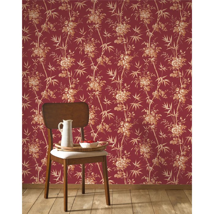 Classic floral bamboo and rose wallpaper in red - Casadeco Les Belles Toiles de Jouy 201708778