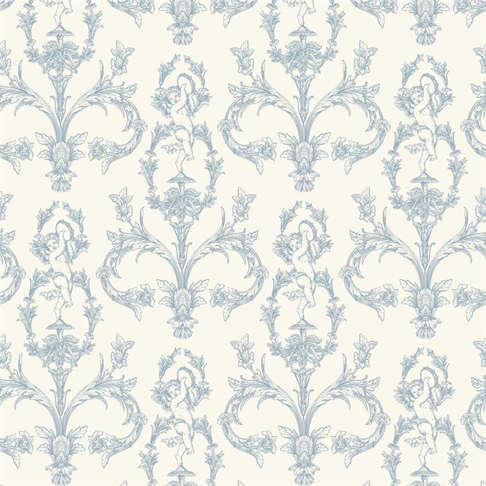 Papier peint baroque floral ornemental blanc bleu - Casadeco Les Belles Toiles de Jouy 201716226
