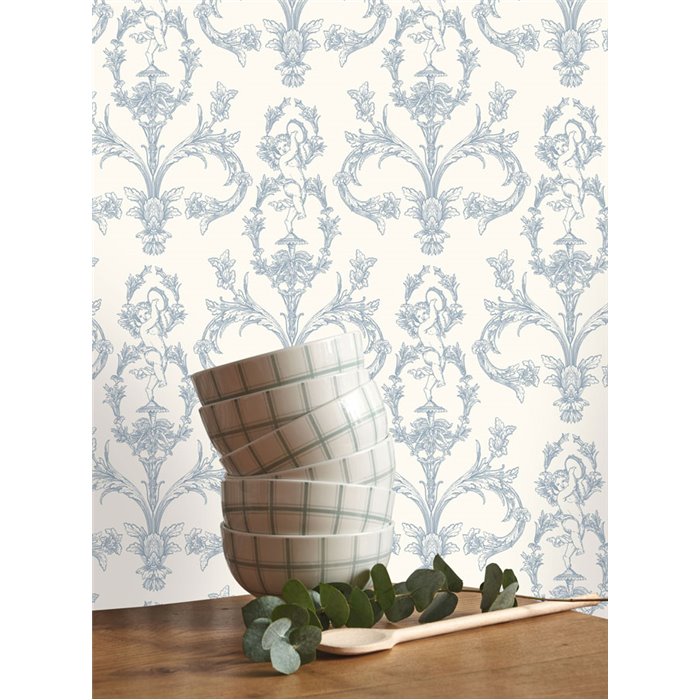 Papier peint baroque floral ornemental blanc bleu - Casadeco Les Belles Toiles de Jouy 201716226
