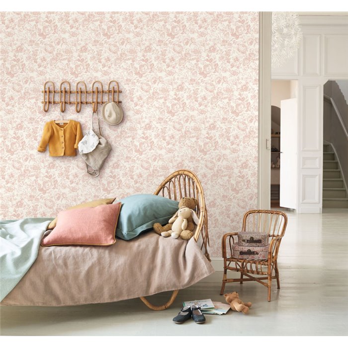 Casadeco|English-style rose wallpaper in white pink|Vintage Flowers