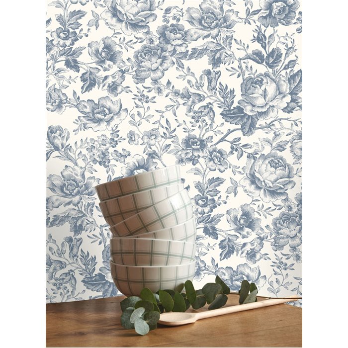 Papier peint style anglais à roses blanc bleu - Casadeco Les Belles Toiles de Jouy 201726505