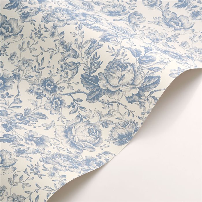 Papier peint style anglais à roses blanc bleu - Casadeco Les Belles Toiles de Jouy 201726505