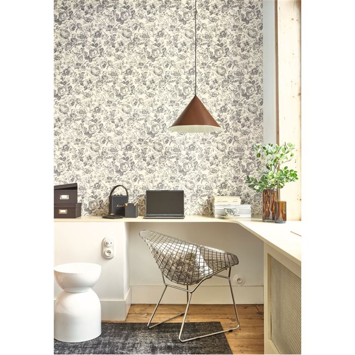 Papier peint style anglais à roses blanc noir blanc - Casadeco Les Belles Toiles de Jouy 201729909
