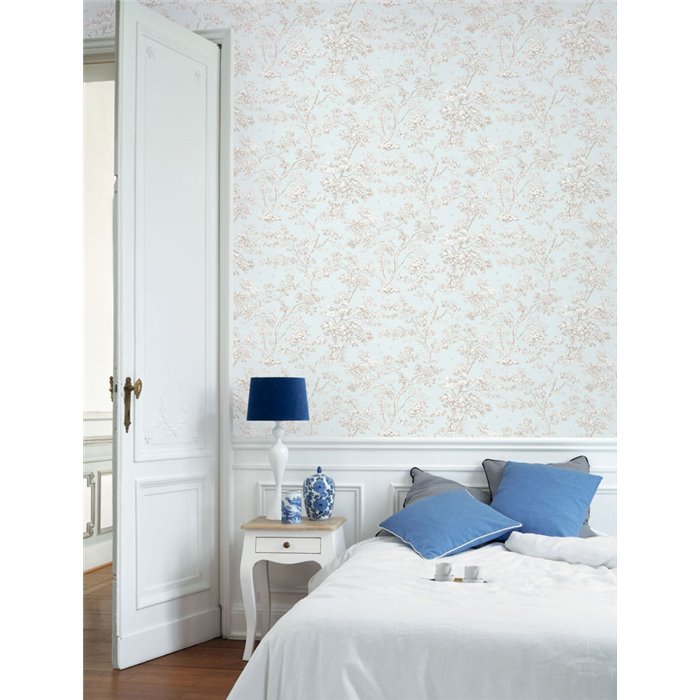 Papier peint scandinave arbres bleu beige - Casadeco Les Belles Toiles de Jouy 81526106