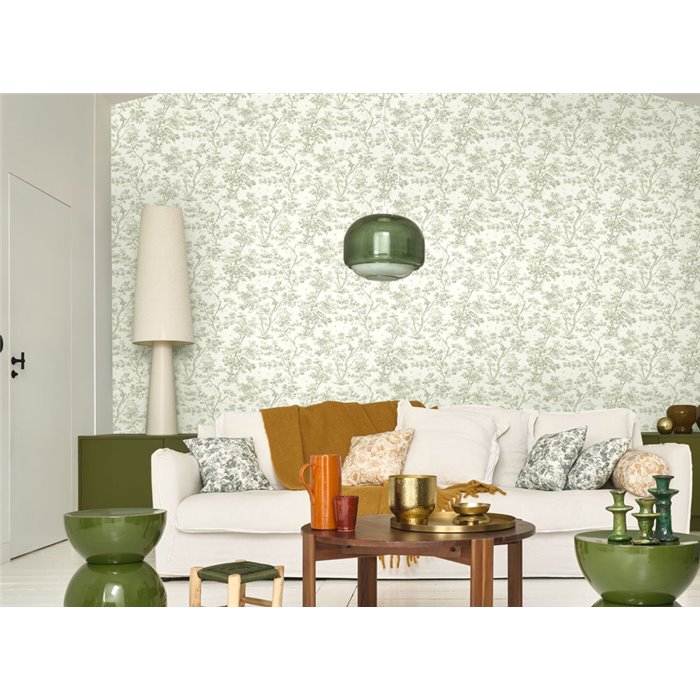 Scandinavian tree wallpaper in white green - Casadeco Les Belles Toiles de Jouy 81527227