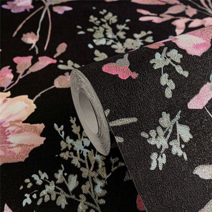 Romantic watercolor floral wallpaper black - Metropolitan Living 2028790612