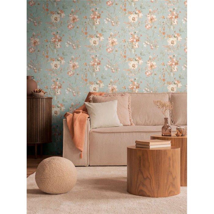 Papeldecor|Papier peint romantique fleurs aquarelle turquoise|Salón