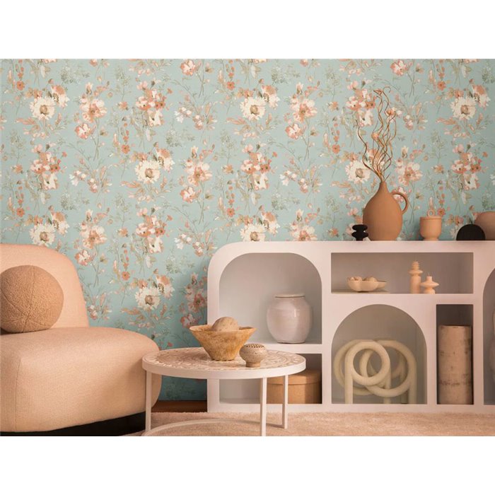 Papier peint romantique fleurs aquarelle turquoise - Metropolitan Living 2028790616