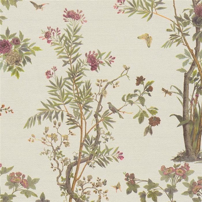 Papeldecor|Romantische Chinoiserie Blumentapete mit Vögeln beige creme|Wohnen