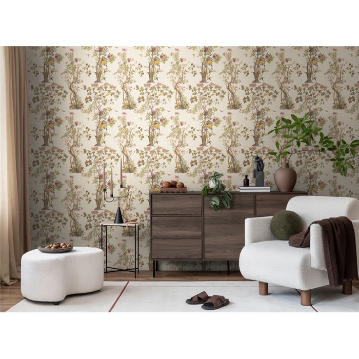 Papeldecor|Romantische Chinoiserie Blumentapete mit Vögeln beige creme|Wohnen