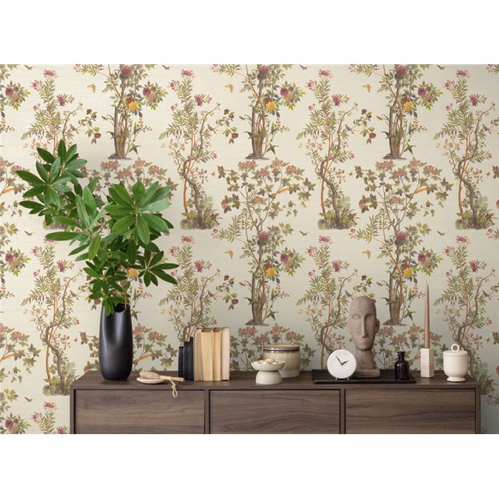 Papeldecor|Romantic chinoiserie floral wallpaper with birds beige cream|Living Room