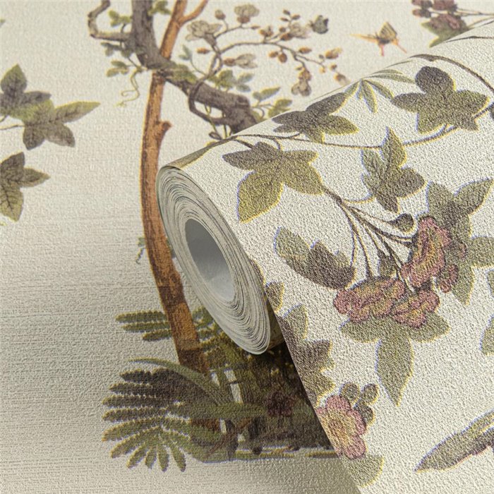 Papeldecor|Romantic chinoiserie floral wallpaper with birds beige cream|Living Room
