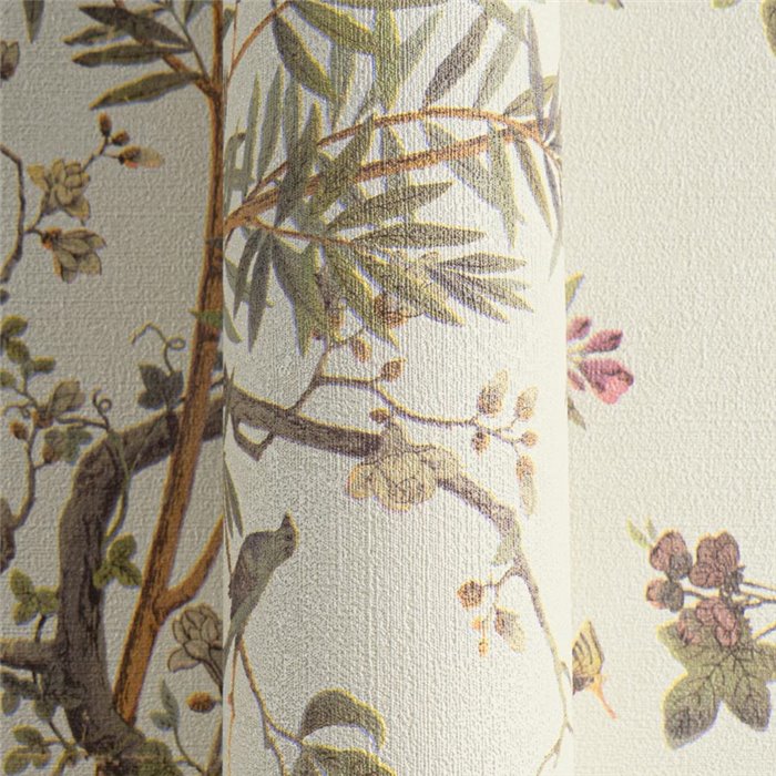 Papeldecor|Romantic chinoiserie floral wallpaper with birds beige cream|Living Room