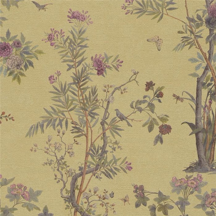 Papeldecor|Papier peint floral romantique chinoiserie avec oiseaux vert moutarde|Locaux commerciaux