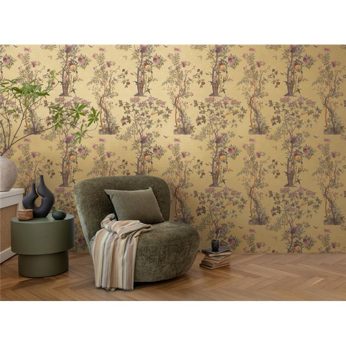 Papeldecor|Papier peint floral romantique chinoiserie avec oiseaux vert moutarde|Locaux commerciaux