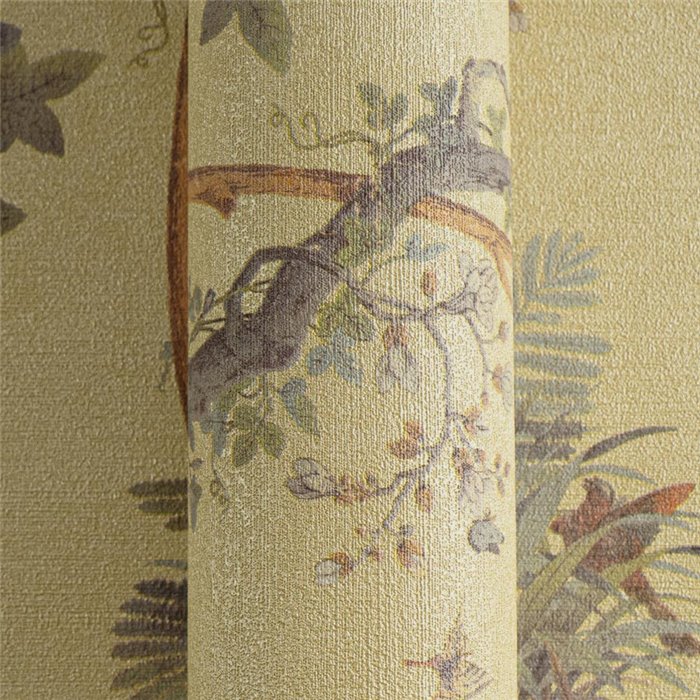 Papeldecor|Romantische Chinoiserie Blumentapete mit Vögeln grün senf|Gewerberäume