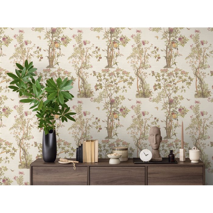 Papeldecor|Romantic chinoiserie floral wallpaper with birds white|Living Room