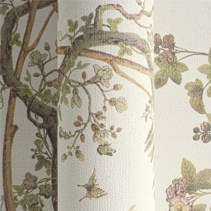 Papeldecor|Papier peint floral romantique chinoiserie avec oiseaux blanc|Salón