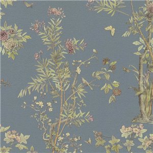 Papeldecor|Papier peint floral romantique chinoiserie avec oiseaux vert moutarde|Locaux commerciaux