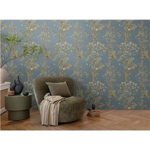 Papeldecor|Papier peint floral romantique chinoiserie avec oiseaux vert moutarde|Locaux commerciaux 2