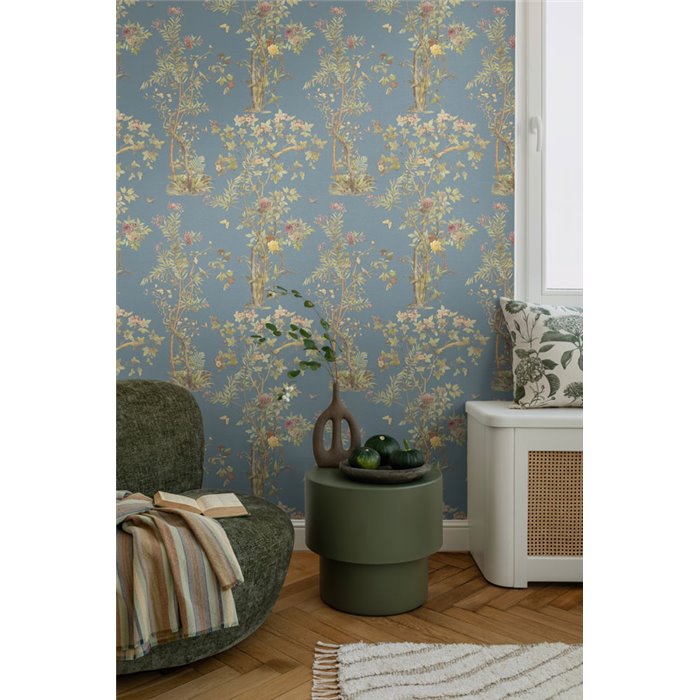 Papeldecor|Romantische Chinoiserie Blumentapete mit Vögeln blau|Gewerberäume